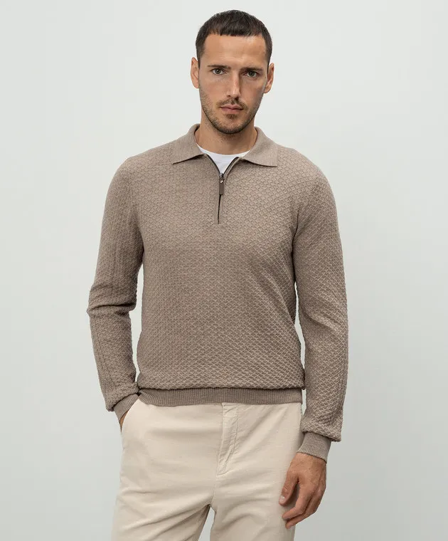 Canali Beige polo shirt made of wool in a woven pattern