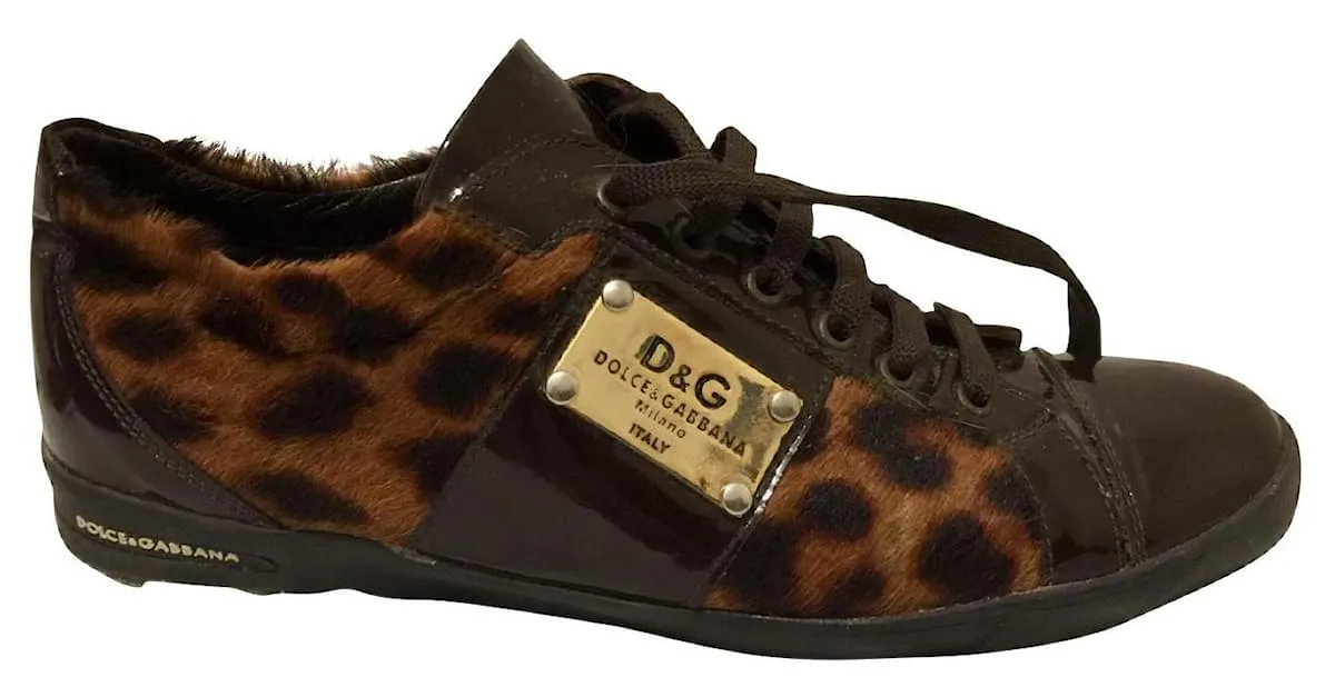 Dolce & Gabbana Deportivas de charol y piel de becerro estilo pony Castaño Estampado de leopardo 