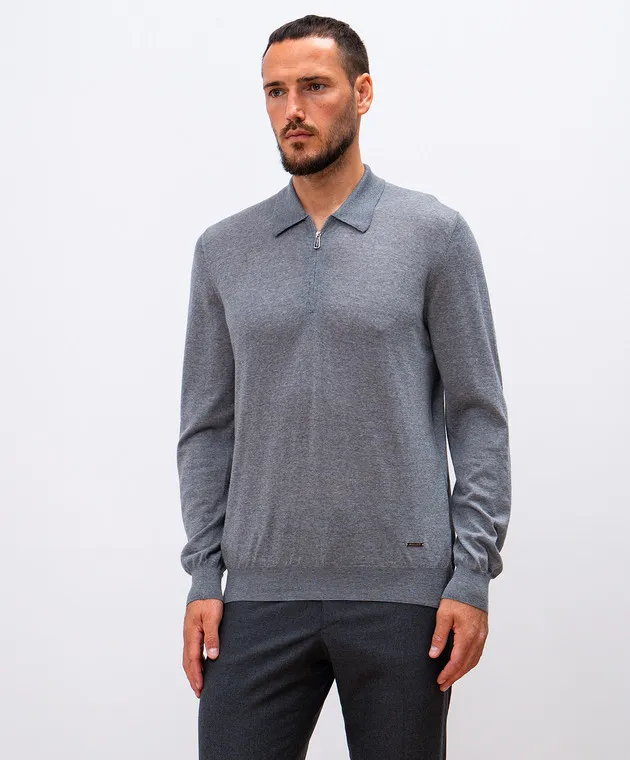 Enrico Mandelli Gray melange wool polo with metallic logo