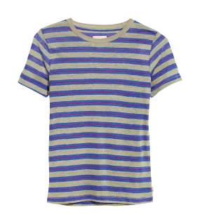 MOGO - Camiseta de lino a rayas con cuello redondo en azul