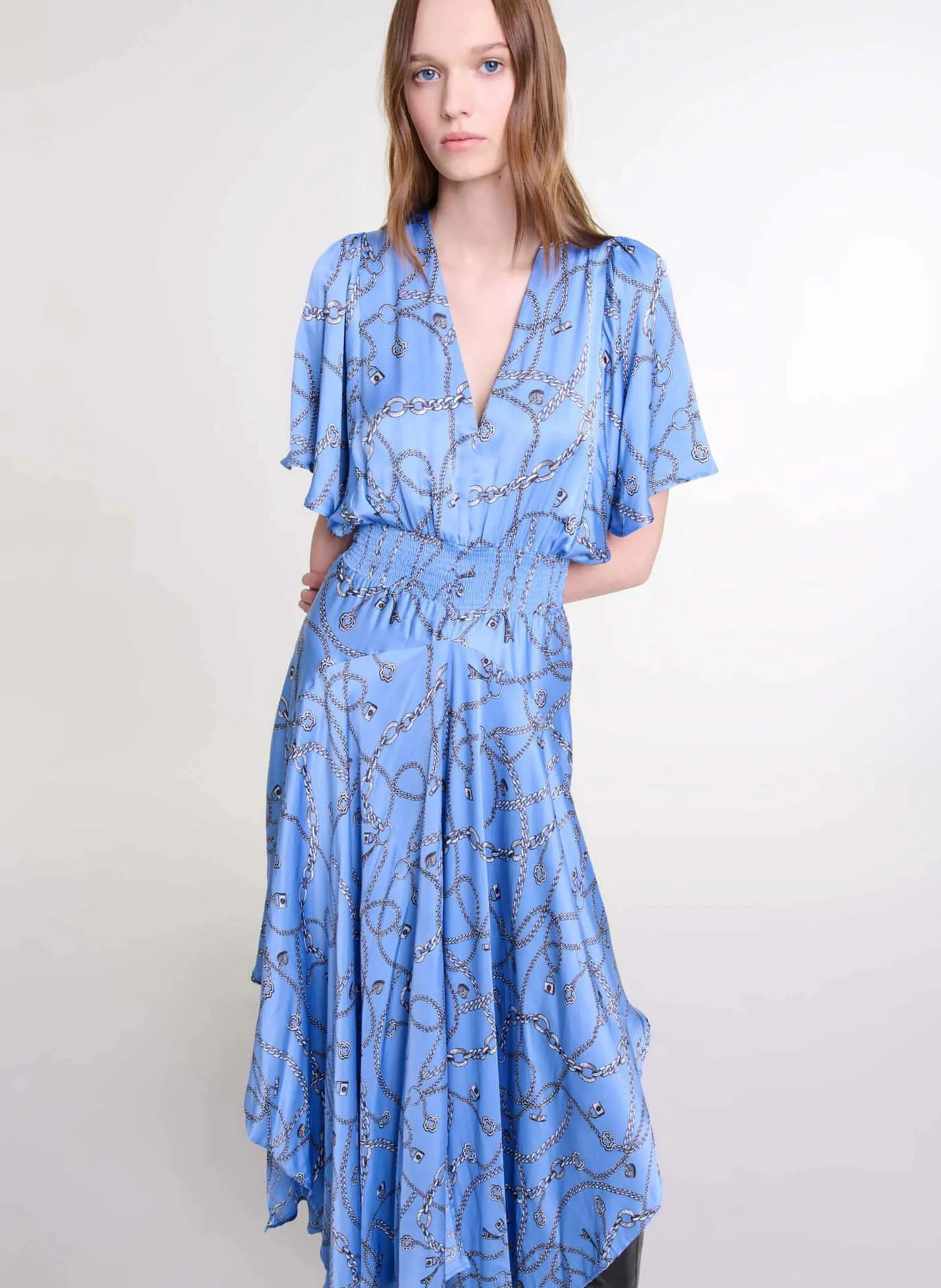 Robe longue col V imprimée en azul