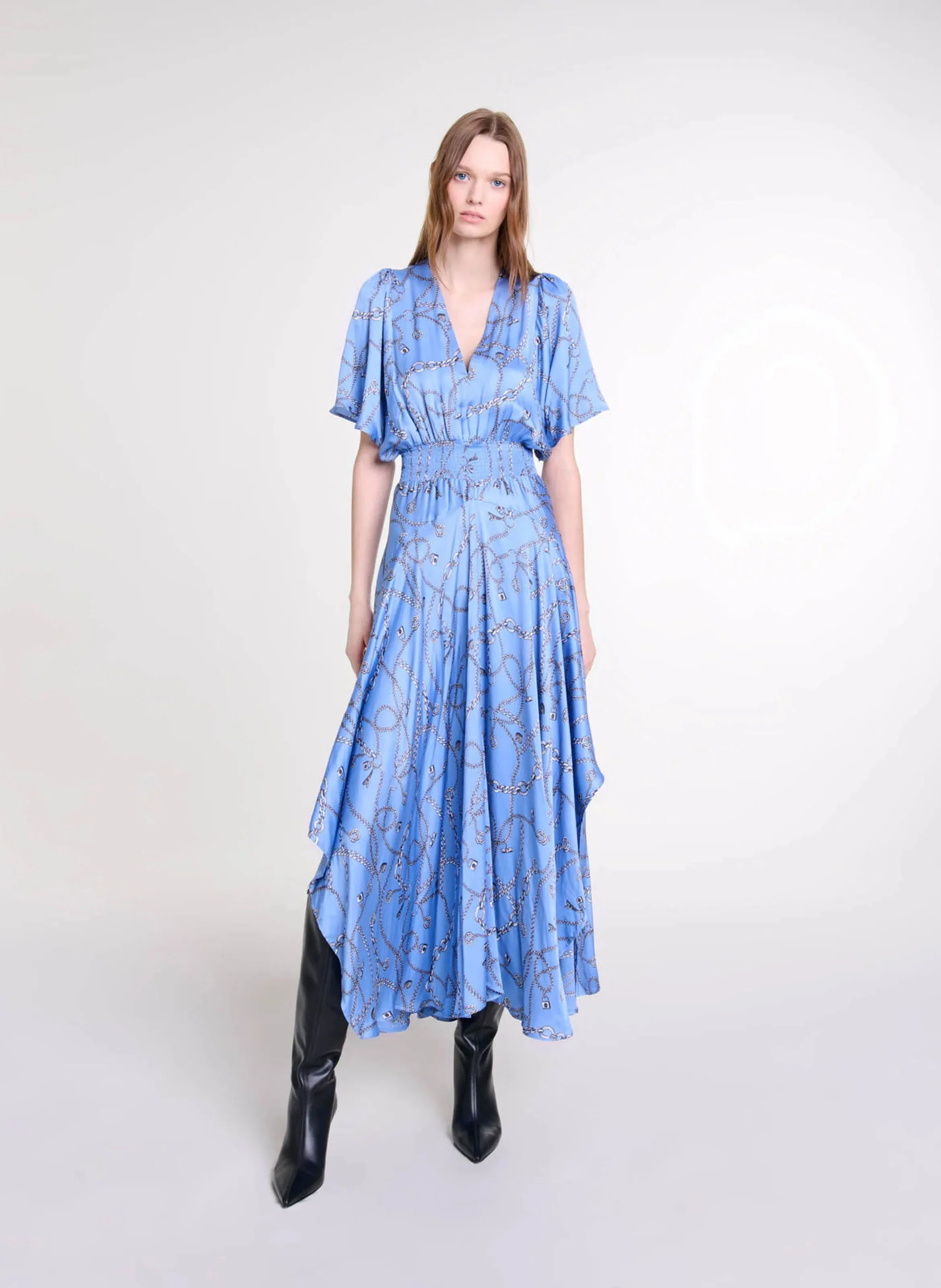 Robe longue col V imprimée en azul