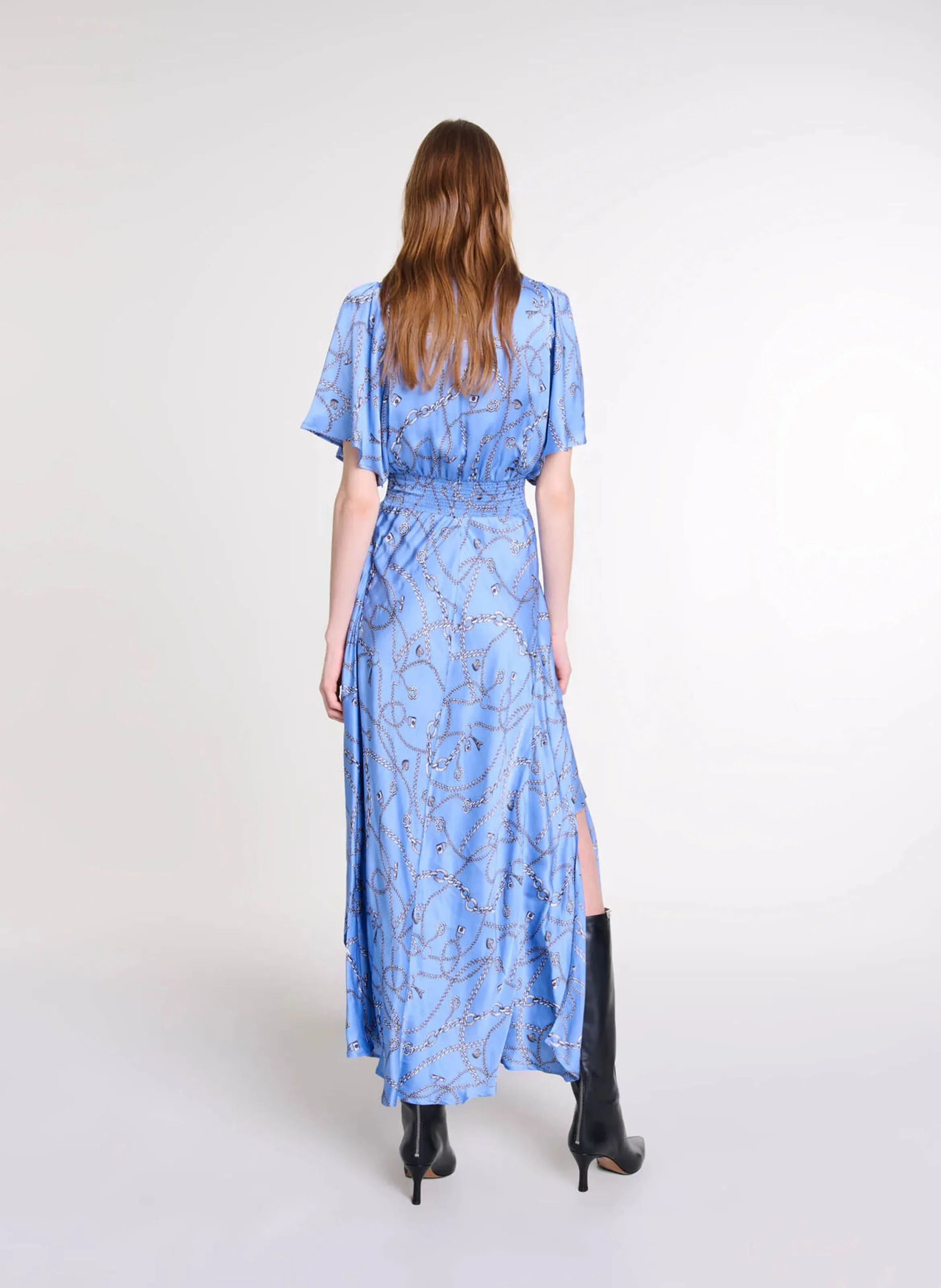 Robe longue col V imprimée en azul