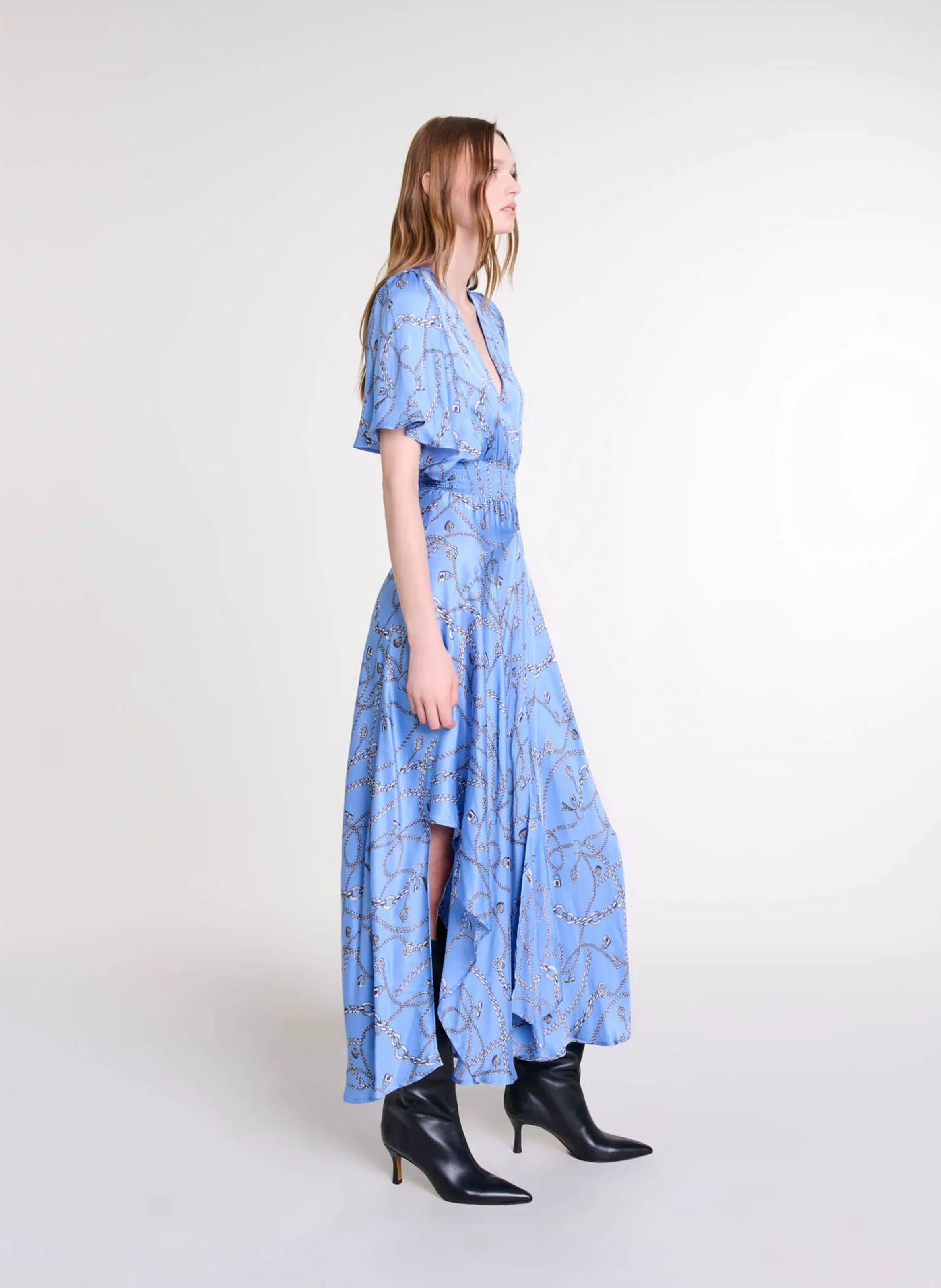 Robe longue col V imprimée en azul