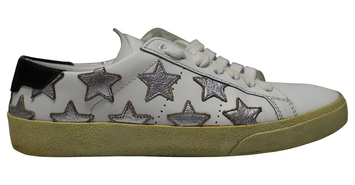 Saint Laurent París SL/06 Deportivas Bajas Estrellas Metálicas en Piel Blanca Blanco 