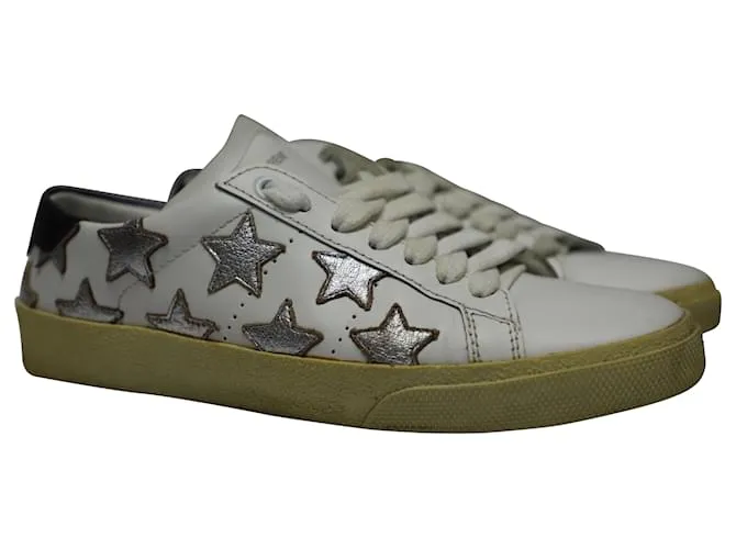 Saint Laurent París SL/06 Deportivas Bajas Estrellas Metálicas en Piel Blanca Blanco 